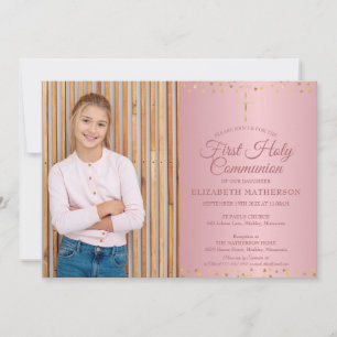 First Holy Communion Rose Gold Hearts Photo Invitation