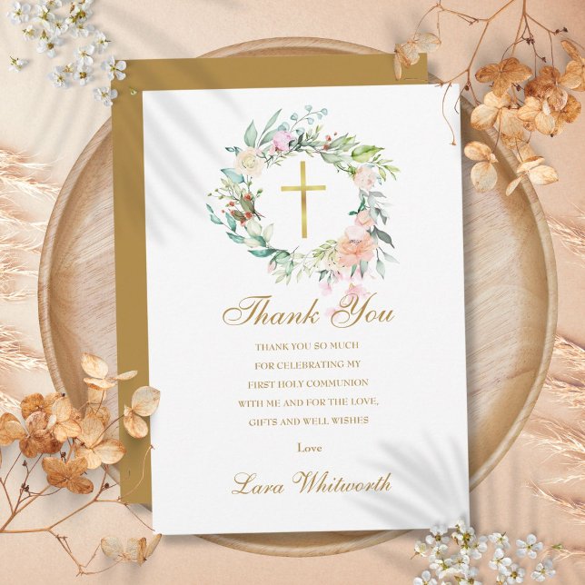 First Holy Communion Roses Floral Gold Script Thank You Card (First Holy Communion Roses Floral Gold Script Thank You Card)