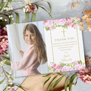 First Holy Communion Roses Floral Photo Thank You Card