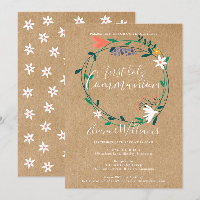 First Holy Communion Rustic Modern Floral Invitation (Front/Back)
