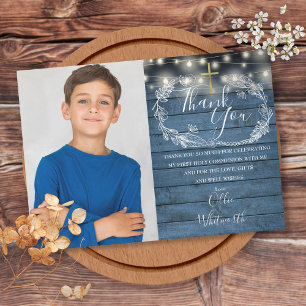 First Holy Communion Rustic String Lights Photo Thank You Card