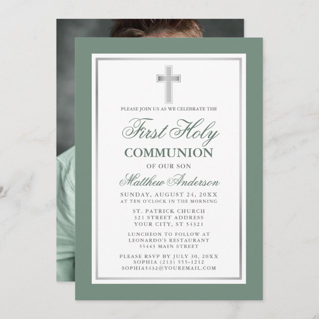 First Holy Communion Sage Green Silver Photo Invitation (Front/Back)