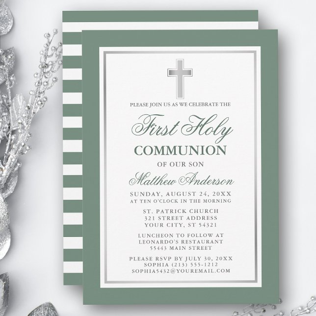 First Holy Communion Sage Green Silver Striped Invitation (Customize to change text size, color or text style.)