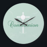 First Holy Communion, Script in Soft Green Large Clock<br><div class="desc">This soft green gift,  souvenir and giveaway is good to congratulate the young boy or girl on their First Holy Communion.</div>