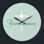 First Holy Communion, Script in Soft Green Large Clock<br><div class="desc">This soft green gift,  souvenir and giveaway is good to congratulate the young boy or girl on their First Holy Communion.</div>