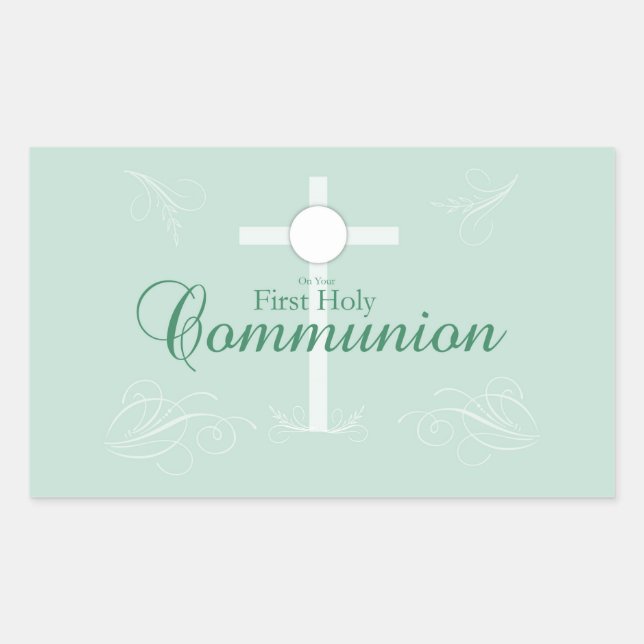 First Holy Communion, Script in Soft Green Rectangular Sticker (Front)