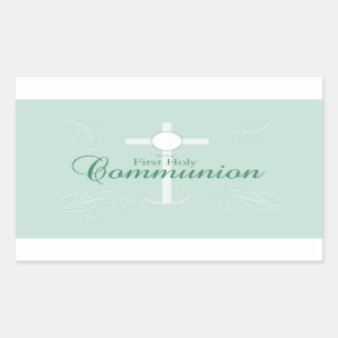 First Holy Communion, Script in Soft Green Rectangular Sticker