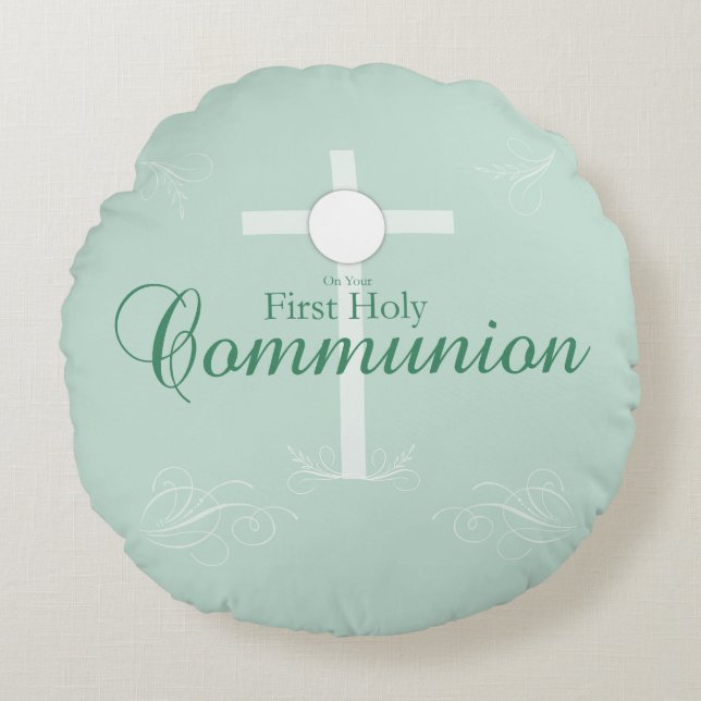 First Holy Communion, Script in Soft Green Round Cushion (Front)