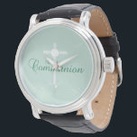 First Holy Communion, Script in Soft Green Watch<br><div class="desc">This soft green gift,  souvenir and giveaway is good to congratulate the young boy or girl on their First Holy Communion.</div>