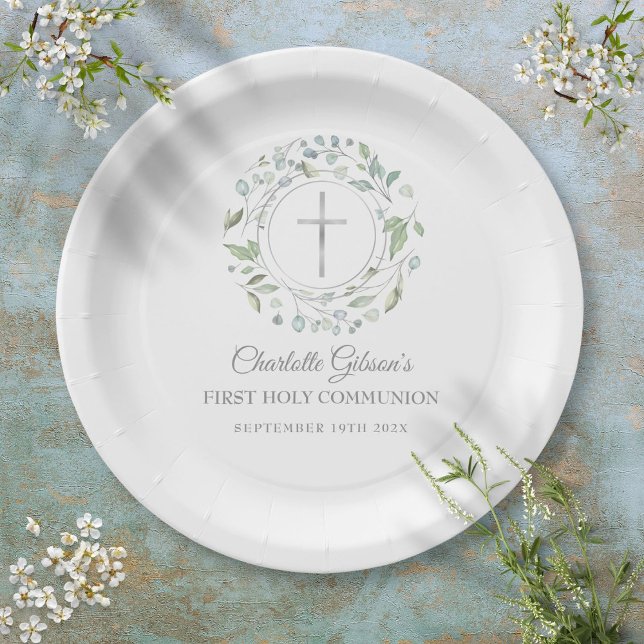 First Holy Communion Silver Cross Greenery Paper Plate (First Holy Communion Silver Cross Greenery Paper Plates)