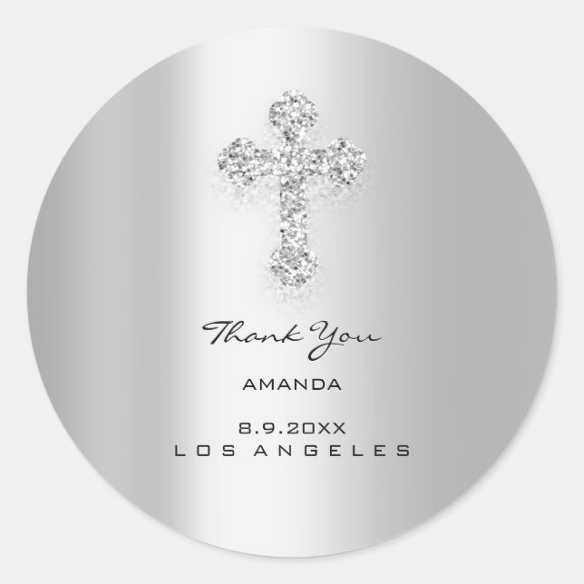 First Holy Communion Silver Grey Christian Cross  Classic Round Sticker (Front)