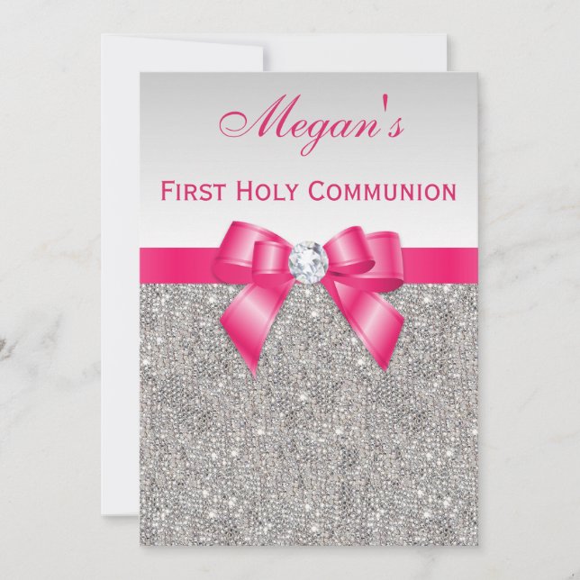 First Holy Communion Silver Jewels, Hot pink Bow Invitation (Front)