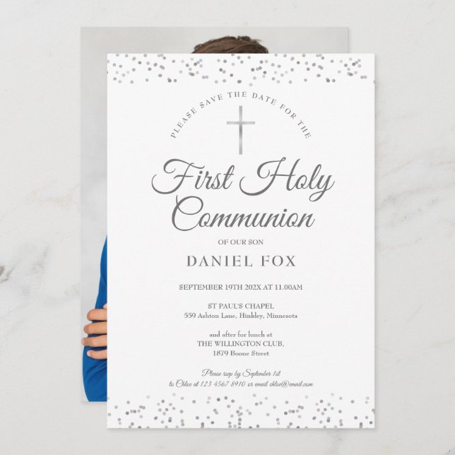 First Holy Communion Silver Stardust Photo Save The Date (Front/Back)