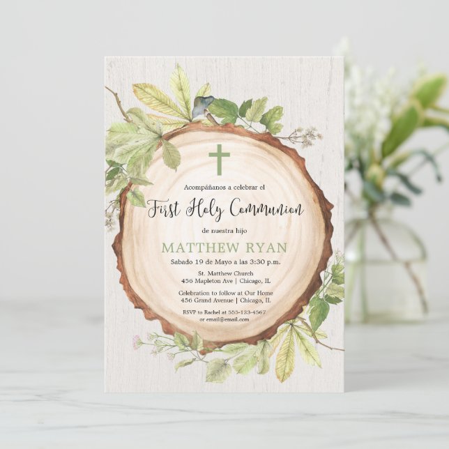 First Holy Communion spanish language rustic boy Invitation (Standing Front)