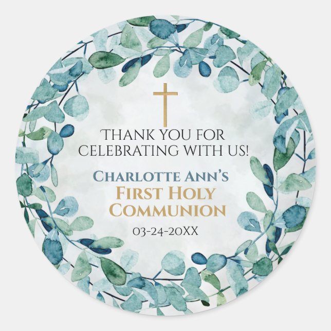 First Holy Communion Stickers with Greenery Leaves (Front)
