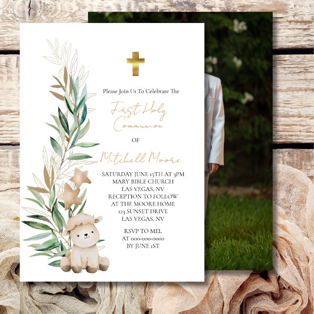 First Holy Communion Sweet Little Lamb Greenery  Invitation (Creator Uploaded)