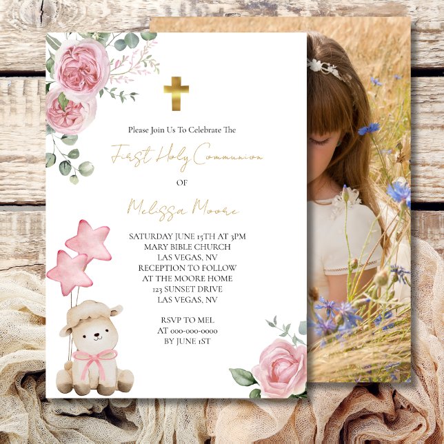 First Holy Communion Sweet Little Lamb Pink Roses  Invitation (Creator Uploaded)