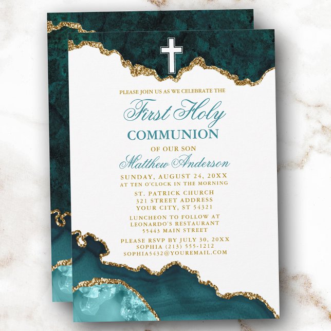 First Holy Communion Teal Gold Marble Geode Invitation (Customize to change text color, size, style or to add more text or photos to back of card.)