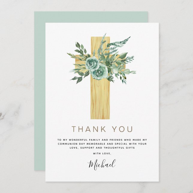 First Holy Communion Thank You Eucalyptus Invitation (Front/Back)