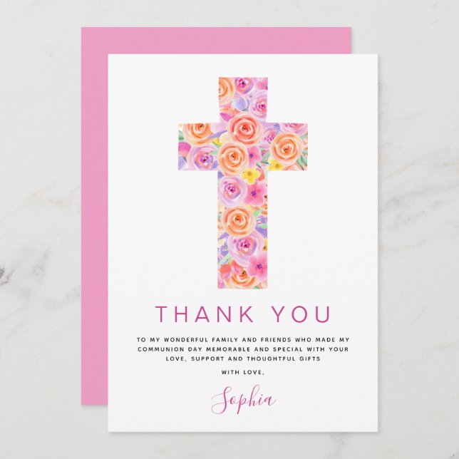 First Holy Communion Thank You Floral Pink Rose Invitation (Front/Back)