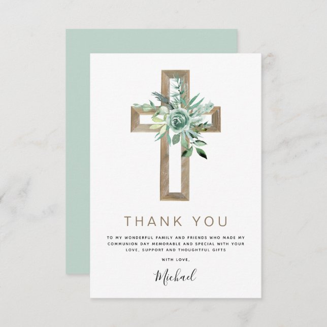 First Holy Communion Thank You Greenery Sage Invit (Front/Back)