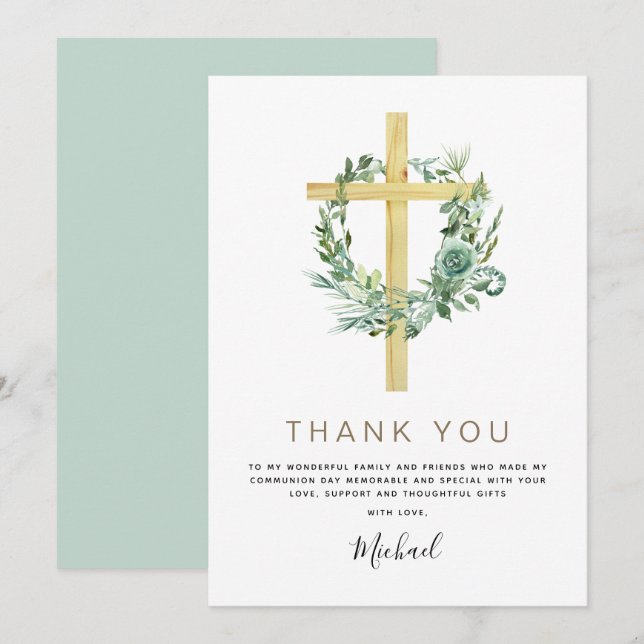 First Holy Communion Thank You Greenery Sage  Invitation (Front/Back)
