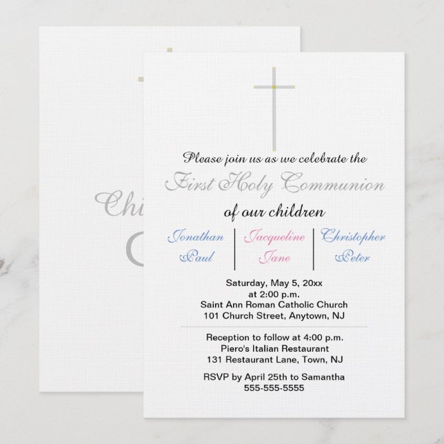 First Holy Communion Triplets Blue Pink Invitation (Front/Back)