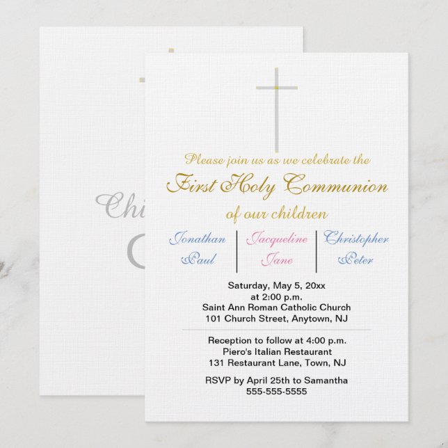 First Holy Communion Triplets Gold Blue Pink Invitation (Front/Back)