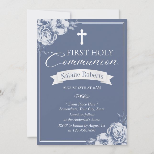 First Holy Communion Vintage Blue Floral Invitation (Front)