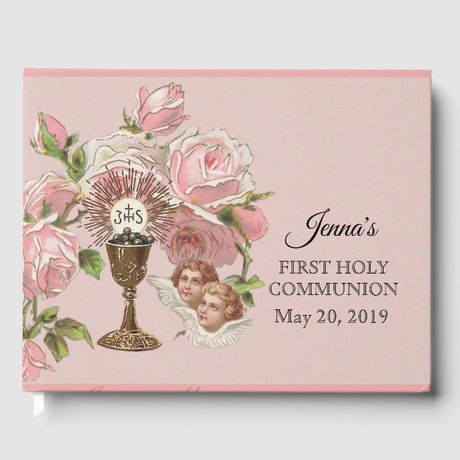 First Holy Communion Vintage Chalice Roses Guest Book (Front)