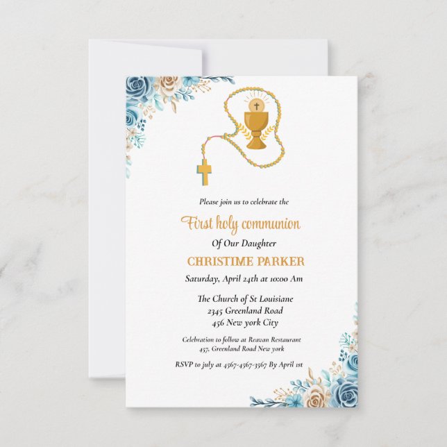 First holy communion  watercolor blue floral invitation (Front)