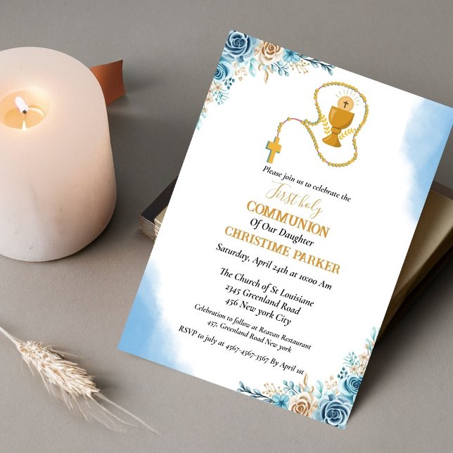 First holy communion  watercolor blue floral invitation (Creator Uploaded)