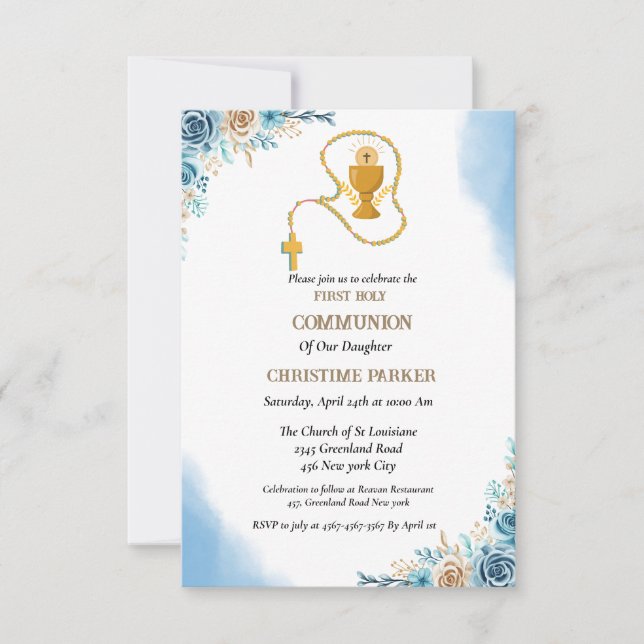 First holy communion watercolor blue splash floral invitation (Front)