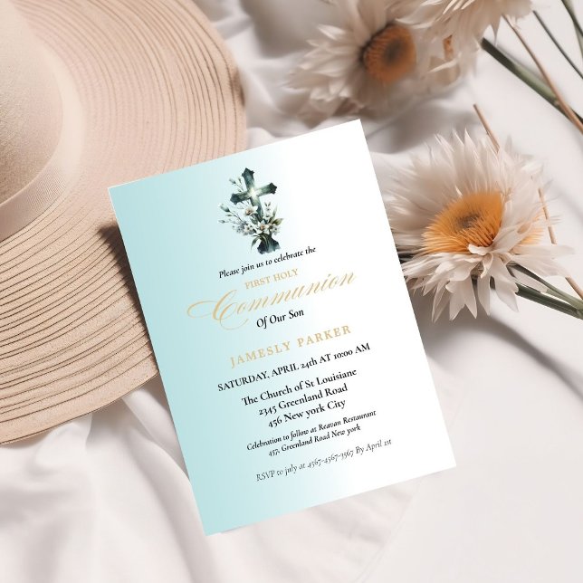 First holy communion watercolor blue splash invitation (Creator Uploaded)