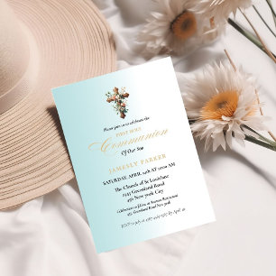 First holy communion watercolor blue splash invitation