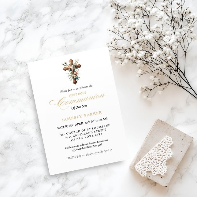 First holy communion watercolor Floral Cross Invitation (Creator Uploaded)