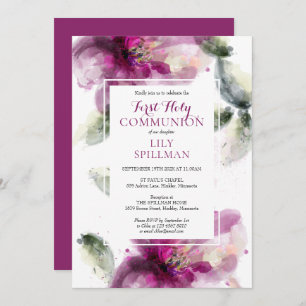 First Holy Communion Watercolor Floral  Invitation