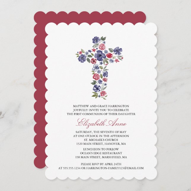First Holy Communion Watercolor Flower Cross Invitation (Front/Back)