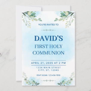 First Holy Communion Watercolor Greenery Blue  Invitation