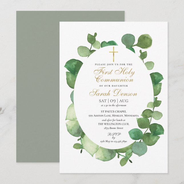 First Holy Communion Watercolor Greenery Invitation (Front/Back)
