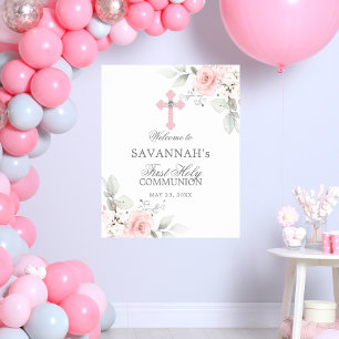 First Holy Communion Welcome Sign Pink Rose Girl