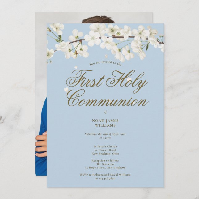 First Holy Communion White Blossom Blue Photo Invitation (Front/Back)