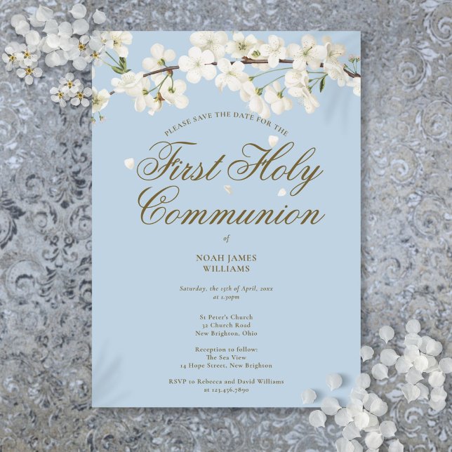 First Holy Communion White Blossom Floral Blue Save The Date (First Holy Communion White Blossom Floral Blue Save The Date)