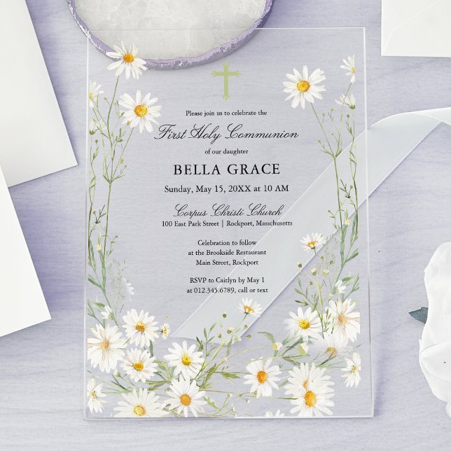 First Holy Communion White Daisy Floral  Acrylic Invitations (Creator Uploaded)