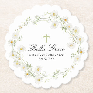 First Holy Communion White Daisy Floral Custom Paper Coaster