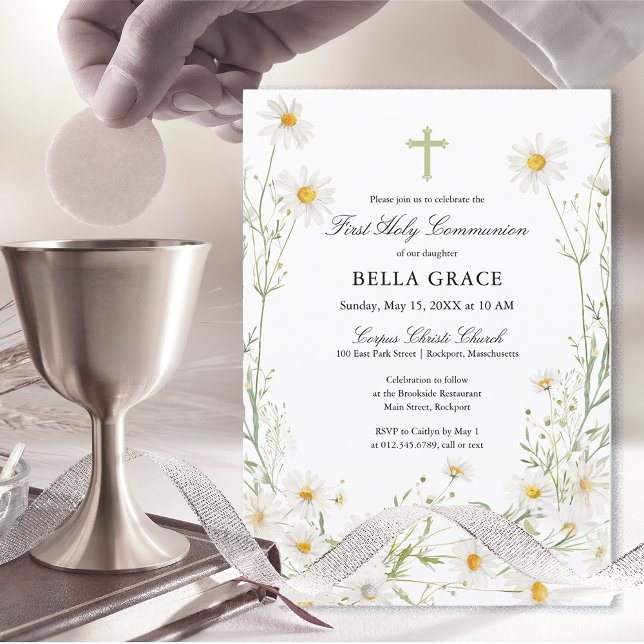 First Holy Communion White Daisy Floral  Invitation (Creator Uploaded)