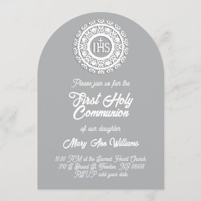First Holy Communion white grey  Invitation (Front)