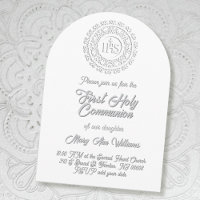 First Holy Communion white grey shadow text