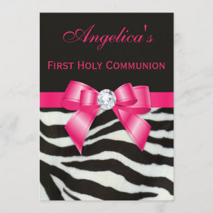 First Holy Communion Zebra Stripes Hot Pink Bow Invitation