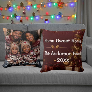 First Home First Christmas Family Photo Burgundy Cushion